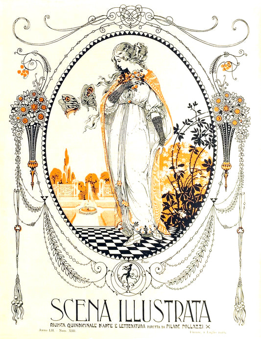 Scena Illustrata July 1916 Vintage Poster Reproduction: Ezio Anichini’s Art Nouveau Woman with Flowers and Butterflies in an Ornate Garden
