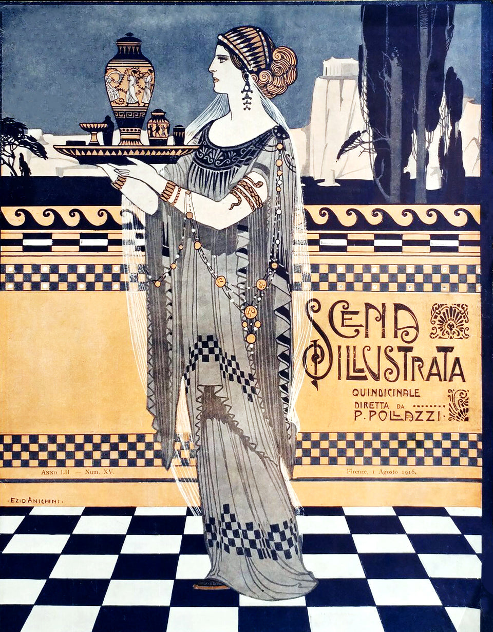 Scena Illustrata August 1916 Vintage Poster Reproduction: Ezio Anichini’s Art Nouveau Tribute to Ancient Greece with Regal Woman Offering