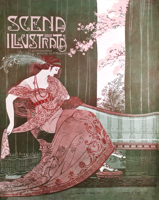 Scena Illustrata July 1916 Vintage Poster Reproduction: Ezio Anichini’s Art Nouveau Woman in Opulent Gown Surrounded by Floral Tranquility