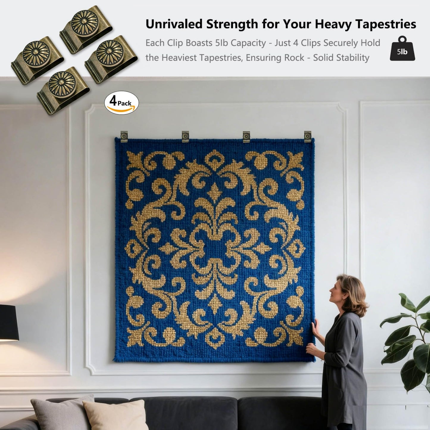 Tapestry Wall Hanging Clamps 4PCS 1.2x2.0 Textile Art Decoration Hangers Metal Clips for Hanging Rugs Carpet Display (Antique)