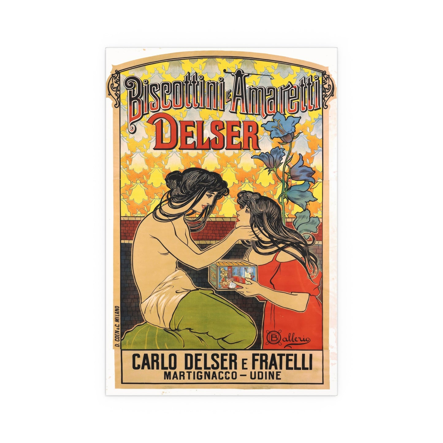 Vintage Poster Reproduction: Biscottini e Amaretti Delser Advertisement – Early 1900s Italian Art Nouveau Poster by Ballerio Featuring Delicate Floral Motifs and Elegantly Draped Figures RE903064VP