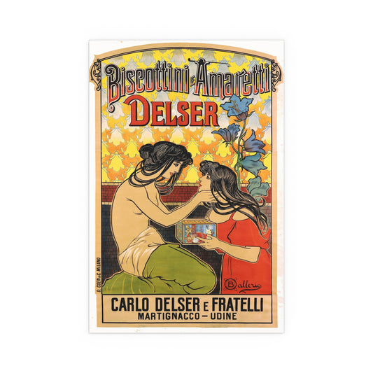 Vintage Poster Reproduction: Biscottini e Amaretti Delser Advertisement – Early 1900s Italian Art Nouveau Poster by Ballerio Featuring Delicate Floral Motifs and Elegantly Draped Figures RE903064VP