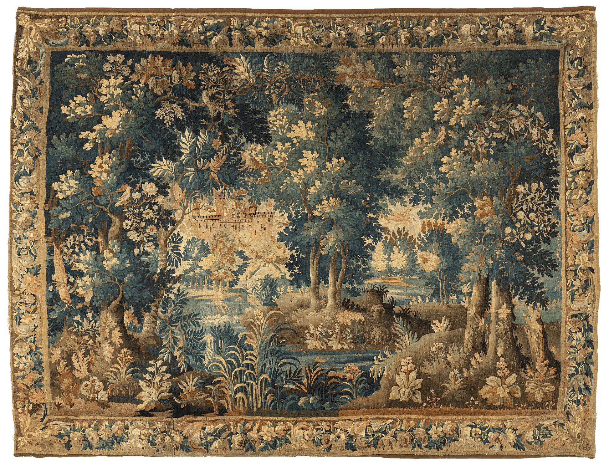 A verdure tapestry featuring a scenic landscape with a river, trees, and a chateau in the distance, bordered by a floral motif.