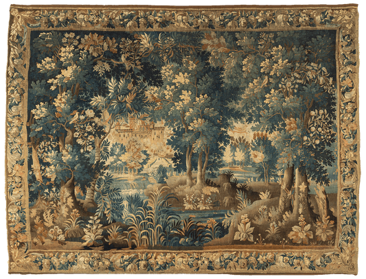 A verdure tapestry featuring a scenic landscape with a river, trees, and a chateau in the distance, bordered by a floral motif.