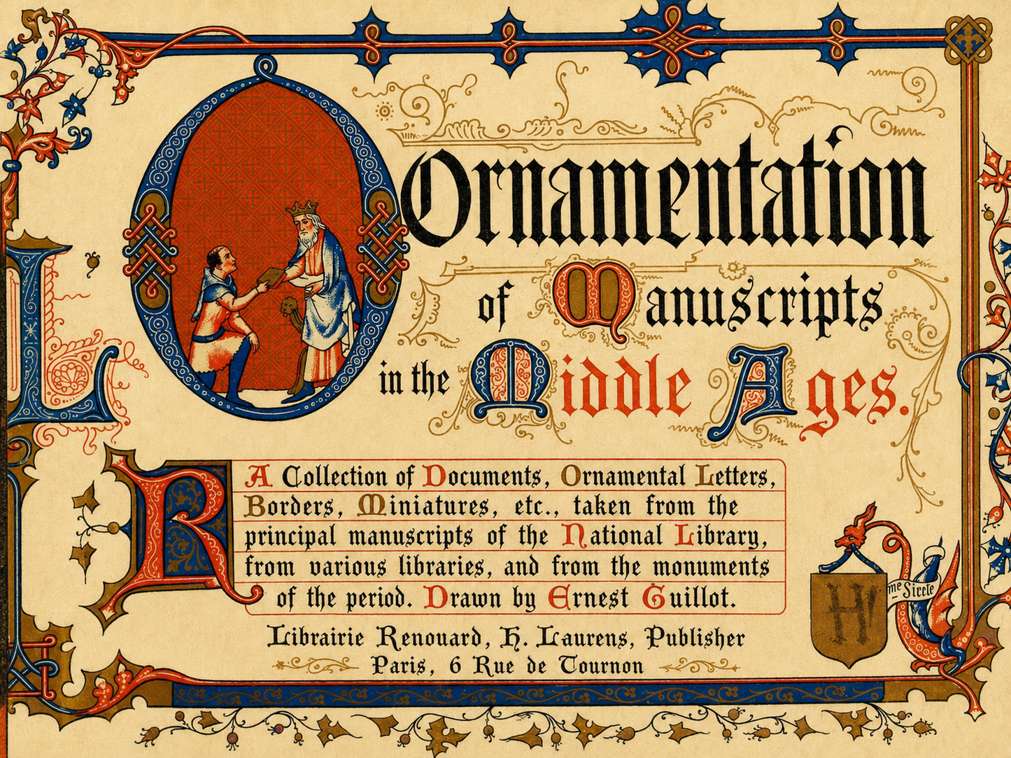 A vintage-style book cover titled 'Ornamentation of Manuscripts in the Middle Ages' with ornate medieval border decoration, a central illustrated oval scene, and decorative typography on an aged parchment background.