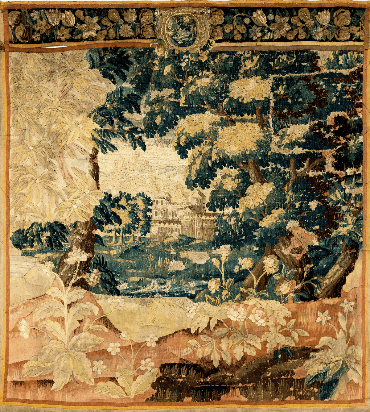 A vintage-style tapestry with a floral and tree pattern in a historical or classical design.