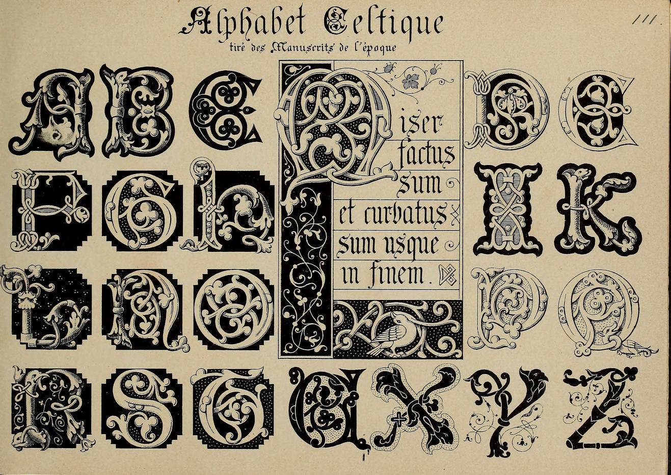 A vintage-style print showing the Celtic alphabet with ornate black decorative letters and sample words on a warm beige background. The title at the top reads 'Alphabet Celtique'.