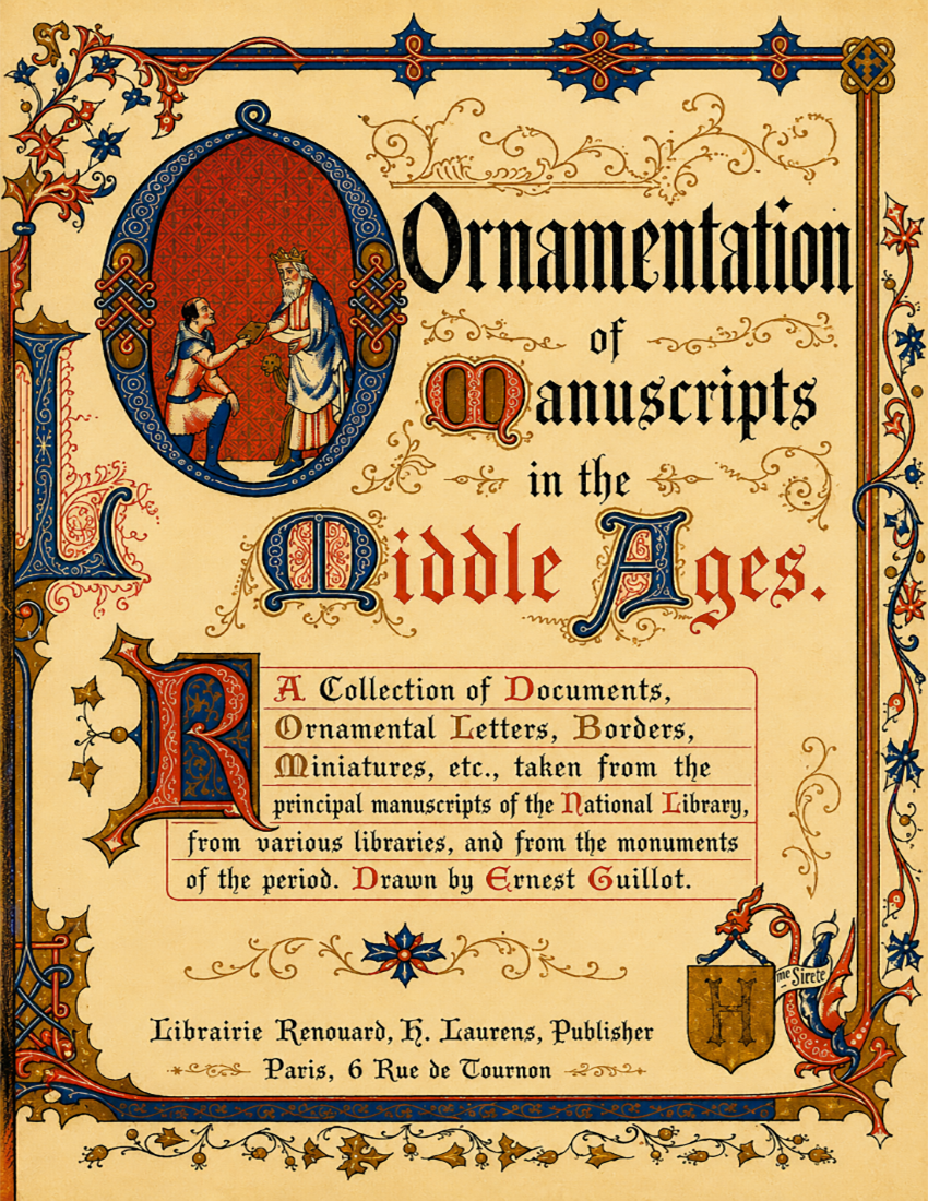 A vintage-style book cover titled "Ornamentation of Manuscripts in the Middle Ages" with ornate medieval border decoration, decorative initials, and a central illustrated oval showing two figures in a red scene. The cover is primarily beige/cream with blue, red, black, and brown decorative elements.