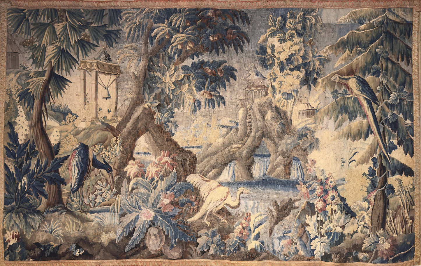 The Enchanted Aviary of the Forgotten Pavilion: A Grand French Verdure Tapestry Reproduction Filled with Exotic Birds, Secret Gardens, and the Dreamlike Elegance of an Aristocratic Paradise RE378808
