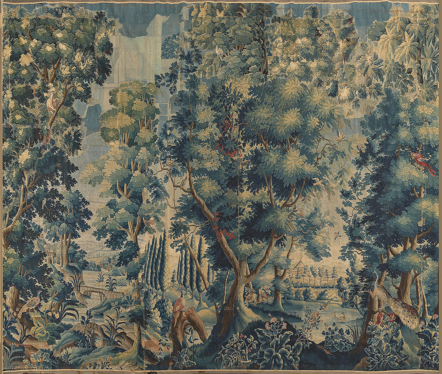 Perfect Verdure: A Late 17th Century Flemish Verdure Landscape Tapestry Featuring Exotic Birds Amidst a Lush Forest Setting with Stately Trees and Rolling Hills RE410591
