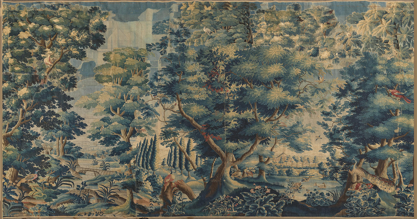 Perfect Verdure: A Late 17th Century Flemish Verdure Landscape Tapestry Featuring Exotic Birds Amidst a Lush Forest Setting with Stately Trees and Rolling Hills RE410591