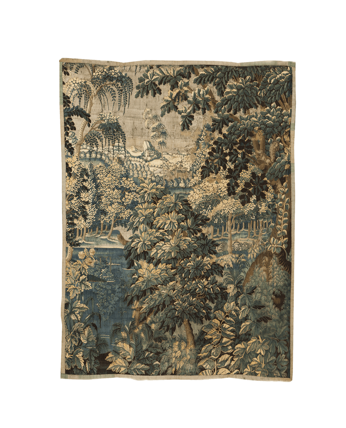 A decorative tapestry featuring a dense forest scene with a variety of trees and foliage, predominantly in green and blue tones.