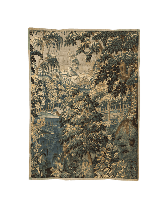 A decorative tapestry featuring a dense forest scene with a variety of trees and foliage, predominantly in green and blue tones.