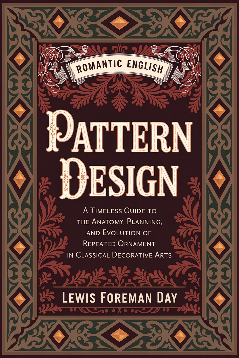Book cover of 'Romantic English Pattern Design' by Lewis Foreman Day with decorative text and patterns.