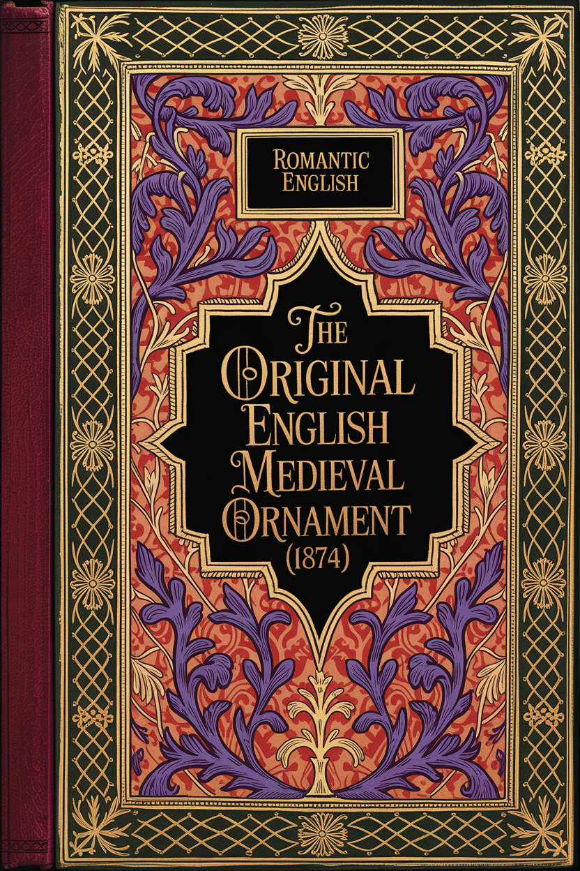 Decorative book cover with ornate designs and text on a red background