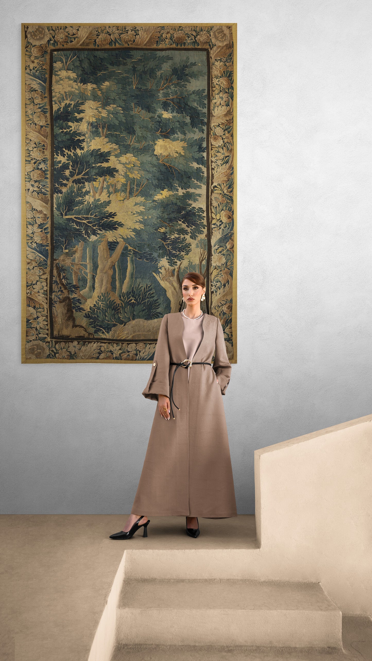 The Greenwood Cathedral Tapestry Reproduction — Tall European Verdure Forest Wall Hanging with Botanical Border for English Country House Interiors RE461828
