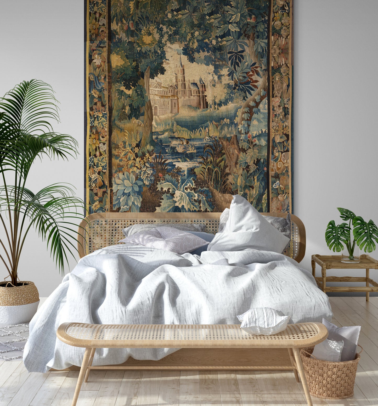 Enchanted Castle Verdure Tapestry Reproduction — Old-World Botanical Woodland Wall Hanging RE815728