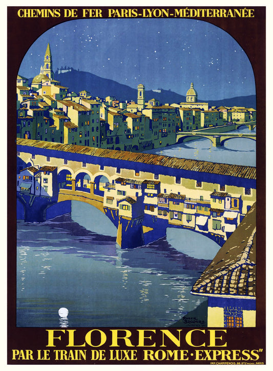 A vintage travel poster featuring the city of Florence with a depiction of the Ponte Vecchio bridge and the surrounding area at night, under a blue moonlit sky, with the text 'Florence' and 'Paris-Lyon-Méditerranèe Rome Express'.