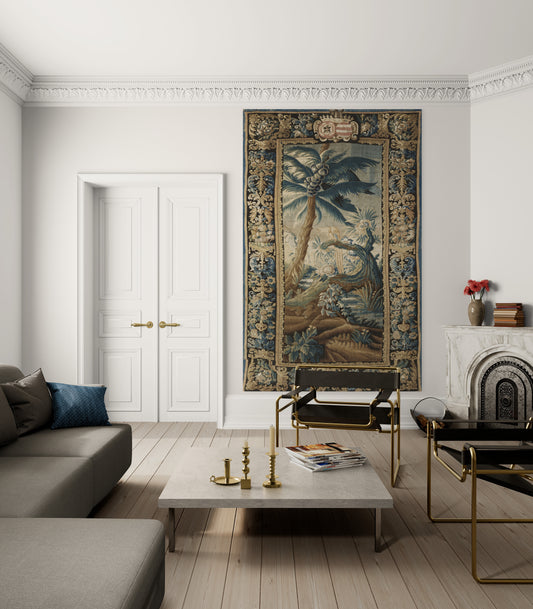 Exotic Verdure Tapestry with Heraldic Crest: 17th-Century Masterpiece of Nature and Nobility RE001825