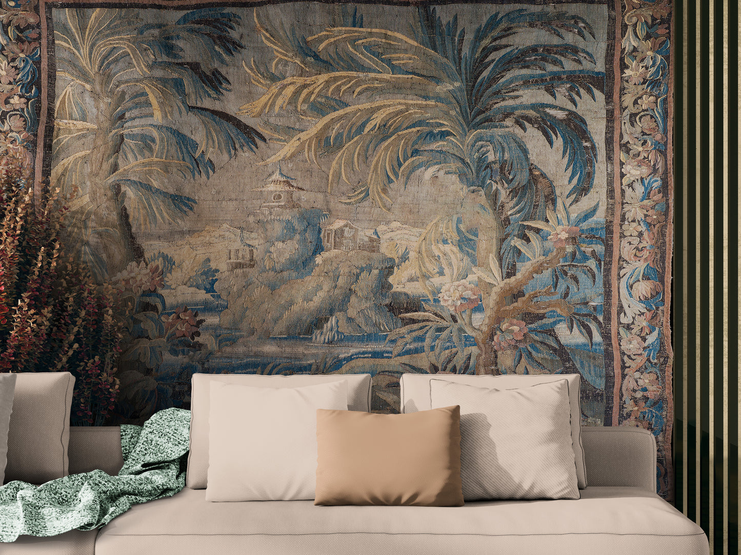 The Enchanted Palm Grove Tapestry – Antique Chinoiserie Tropical Landscape Wall Hanging for Grand European Interiors RE800101