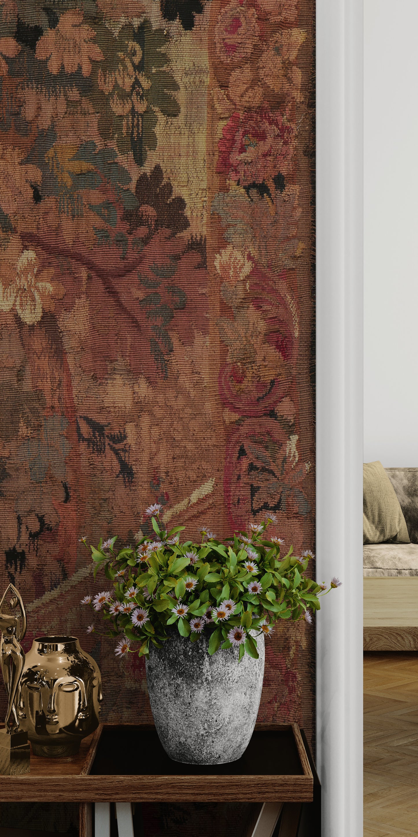 Old-World Verdure Garden Tapestry Reproduction — Romantic Botanical Floral Wall Hanging in Cotton-Linen or Machine-Woven Polycotton RE739477