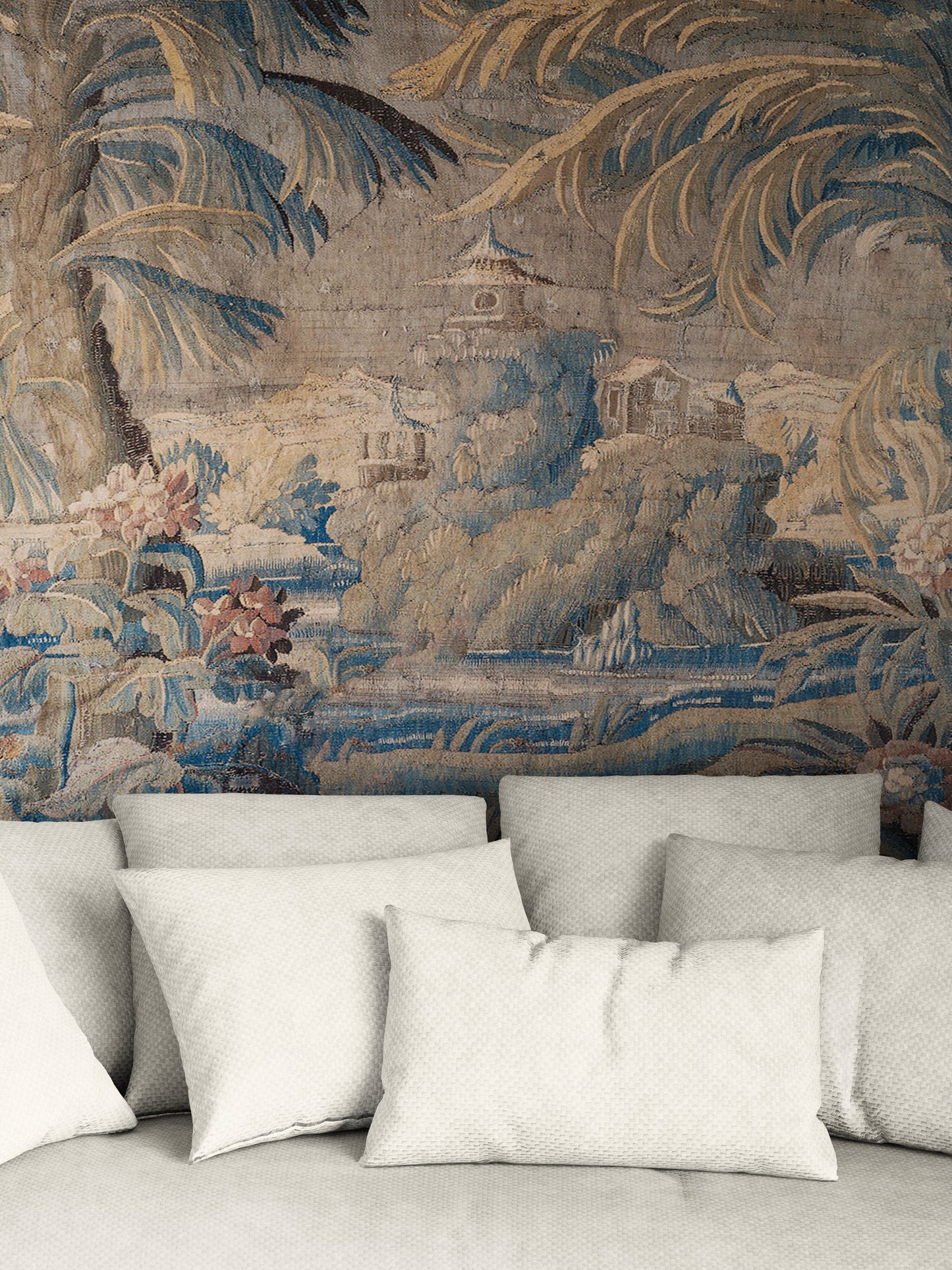 The Enchanted Palm Grove Tapestry – Antique Chinoiserie Tropical Landscape Wall Hanging for Grand European Interiors RE800101
