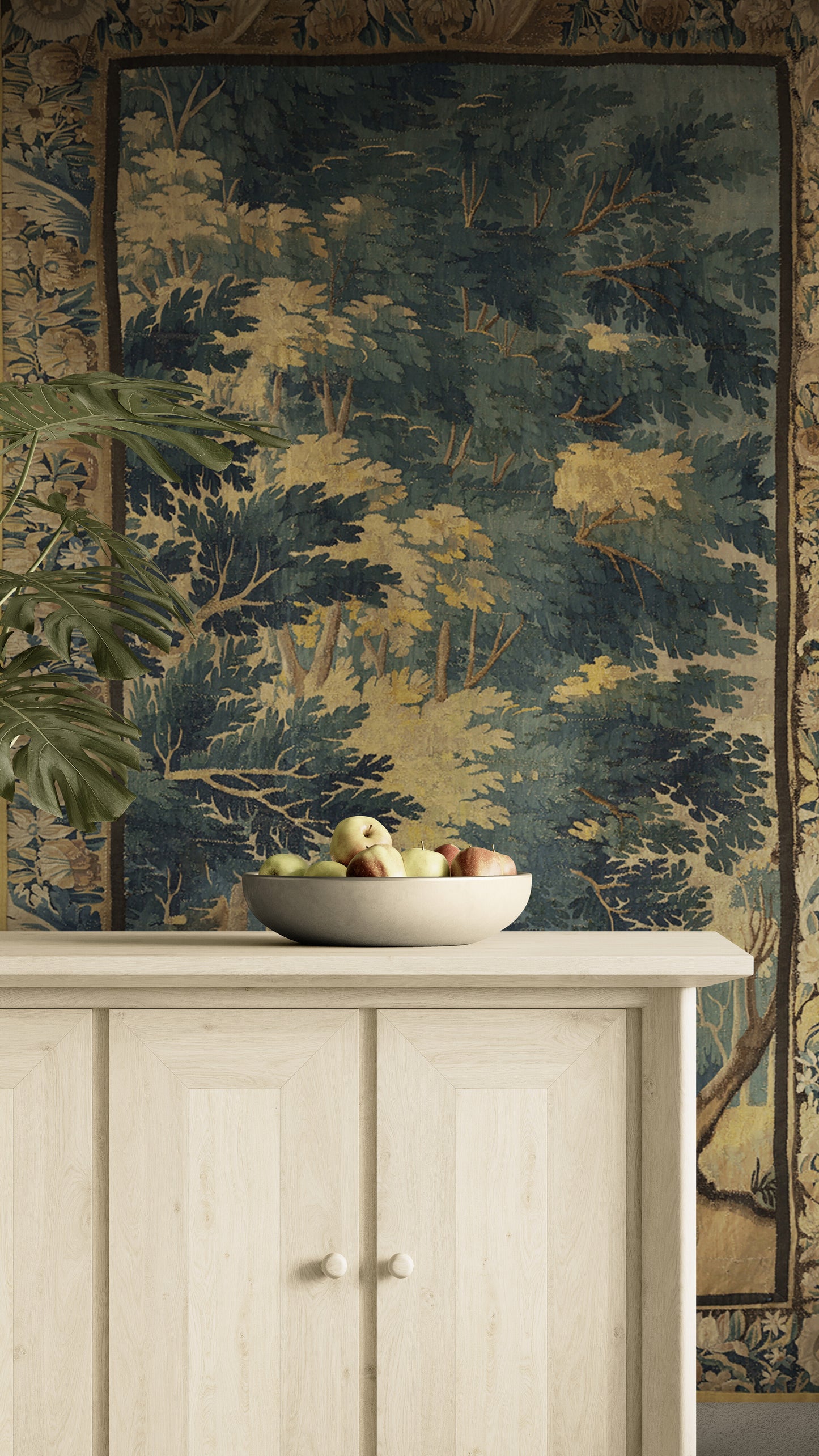 The Greenwood Cathedral Tapestry Reproduction — Tall European Verdure Forest Wall Hanging with Botanical Border for English Country House Interiors RE461828