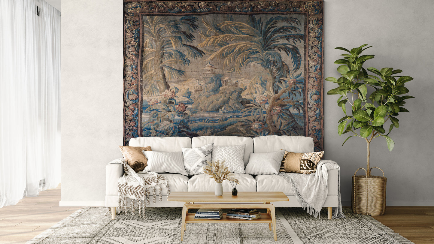 The Enchanted Palm Grove Tapestry – Antique Chinoiserie Tropical Landscape Wall Hanging for Grand European Interiors RE800101