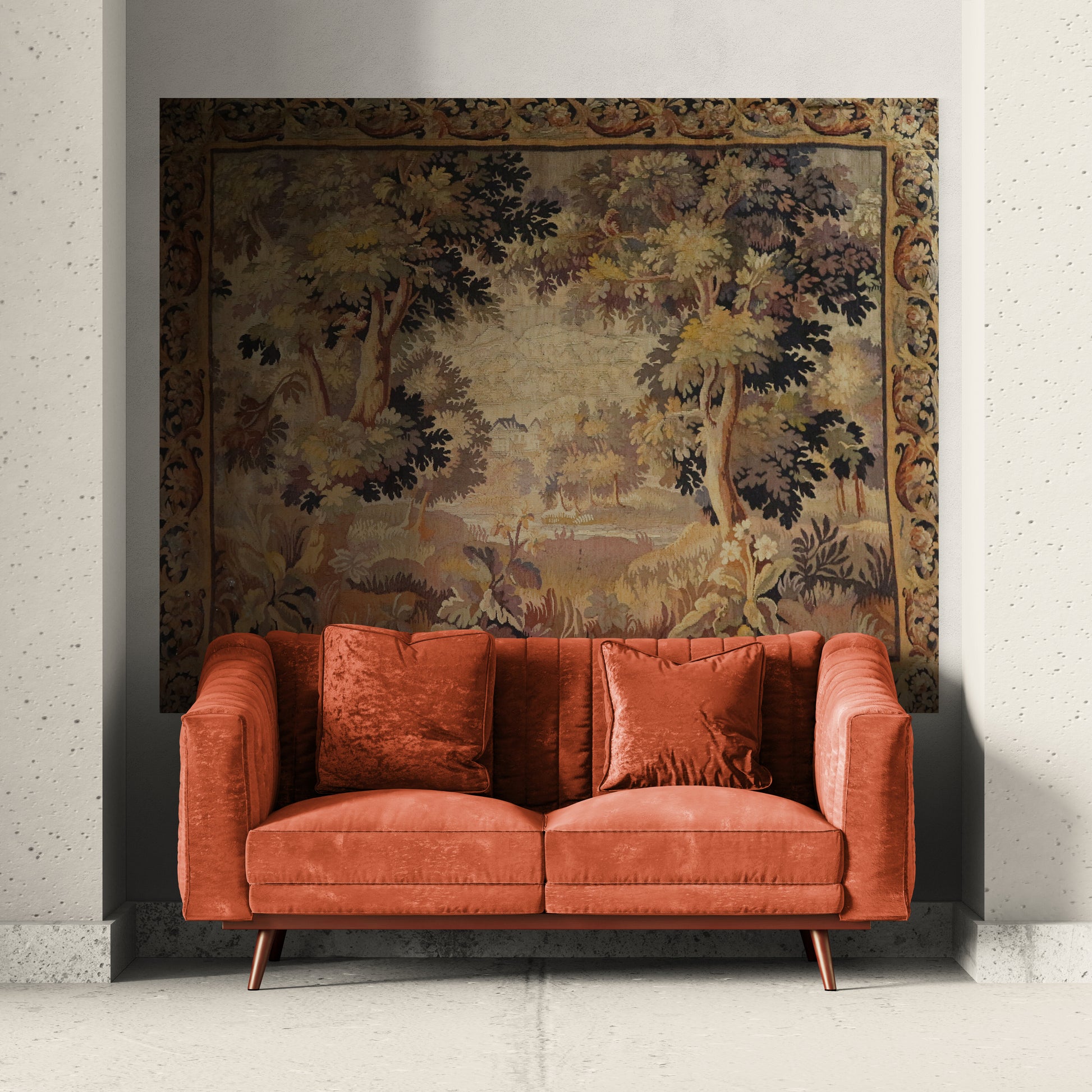 Red sofa in a room with a large tapestry on the wall