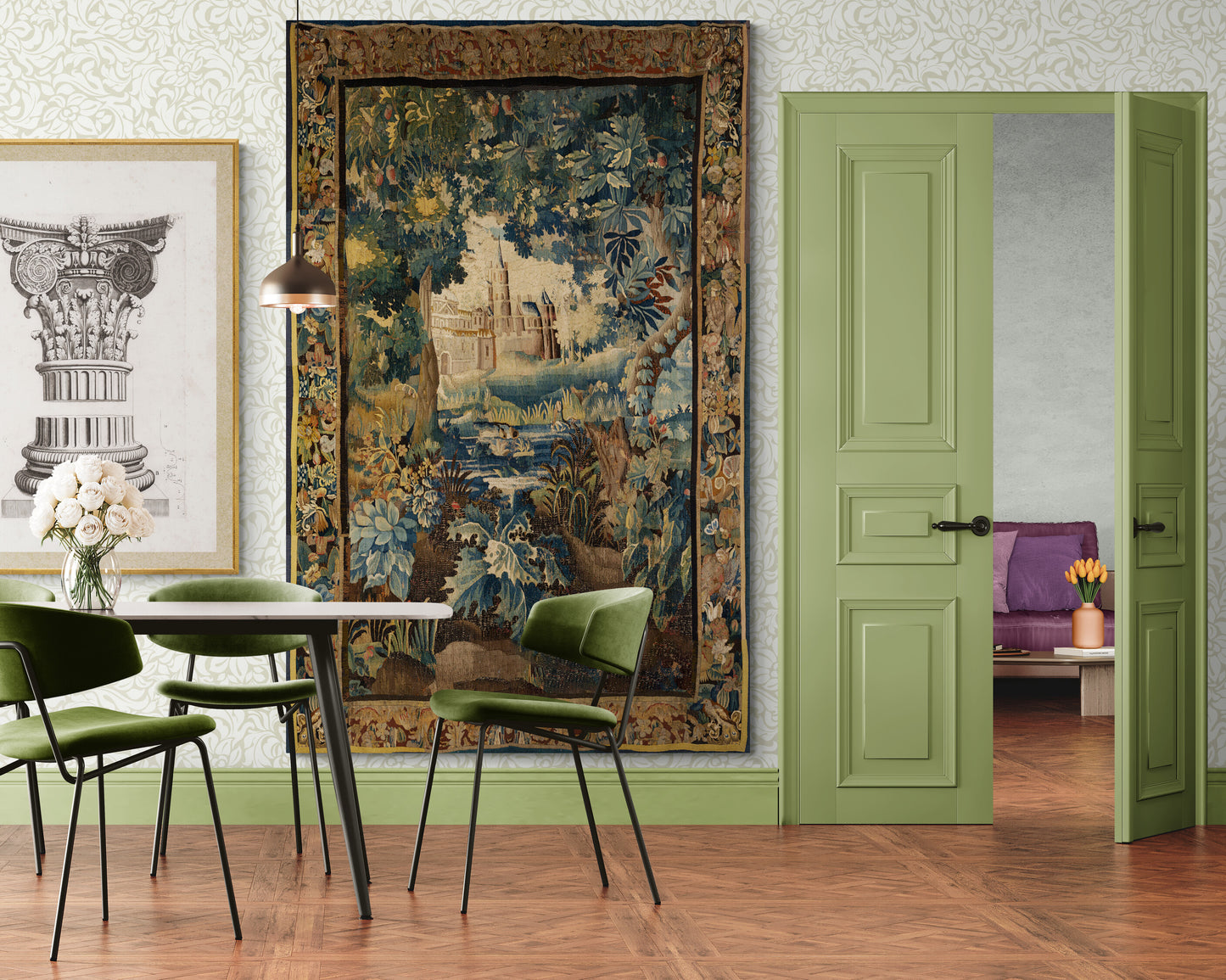 Enchanted Castle Verdure Tapestry Reproduction — Old-World Botanical Woodland Wall Hanging RE815728