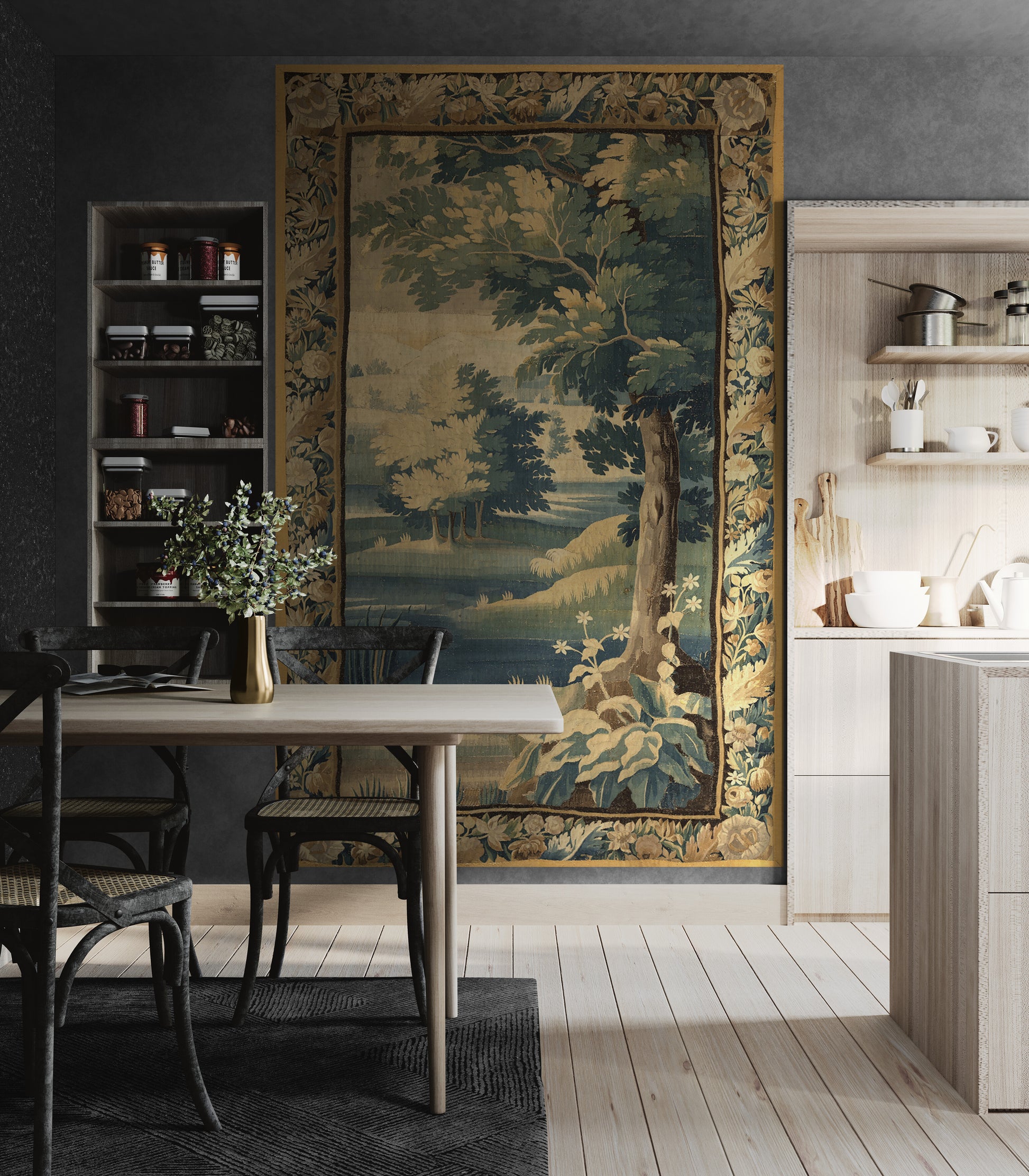 A large vintage-style tapestry featuring a forest landscape with trees, water, and deer, hung on a dark gray wall in a dining room setting with a wooden table and chairs.