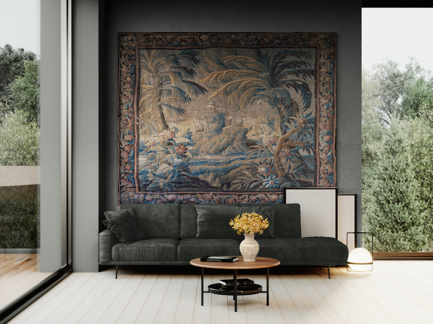 The Enchanted Palm Grove Tapestry – Antique Chinoiserie Tropical Landscape Wall Hanging for Grand European Interiors RE800101