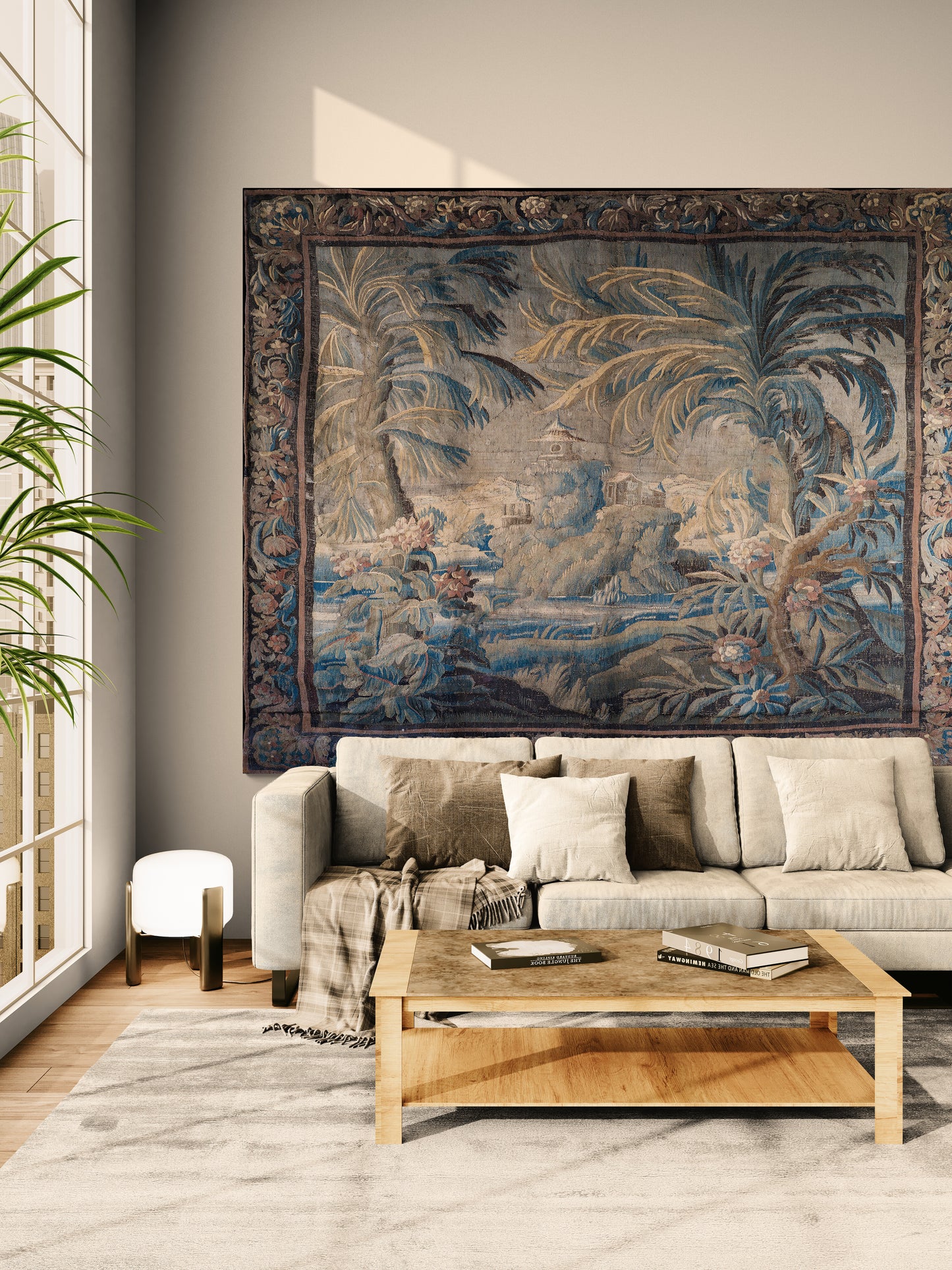 The Enchanted Palm Grove Tapestry – Antique Chinoiserie Tropical Landscape Wall Hanging for Grand European Interiors RE800101
