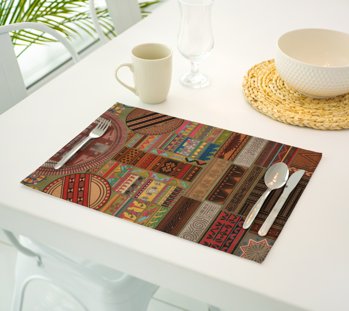 Colorful patterned placemat with cutlery on a white table