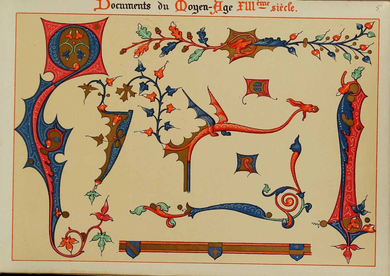 An illuminated manuscript page featuring decorative medieval dragon and floral motifs in red, blue, green, and gold on a cream background, with the German text 'Documents du Moyen-Age au IIIe siecle.' at the top.