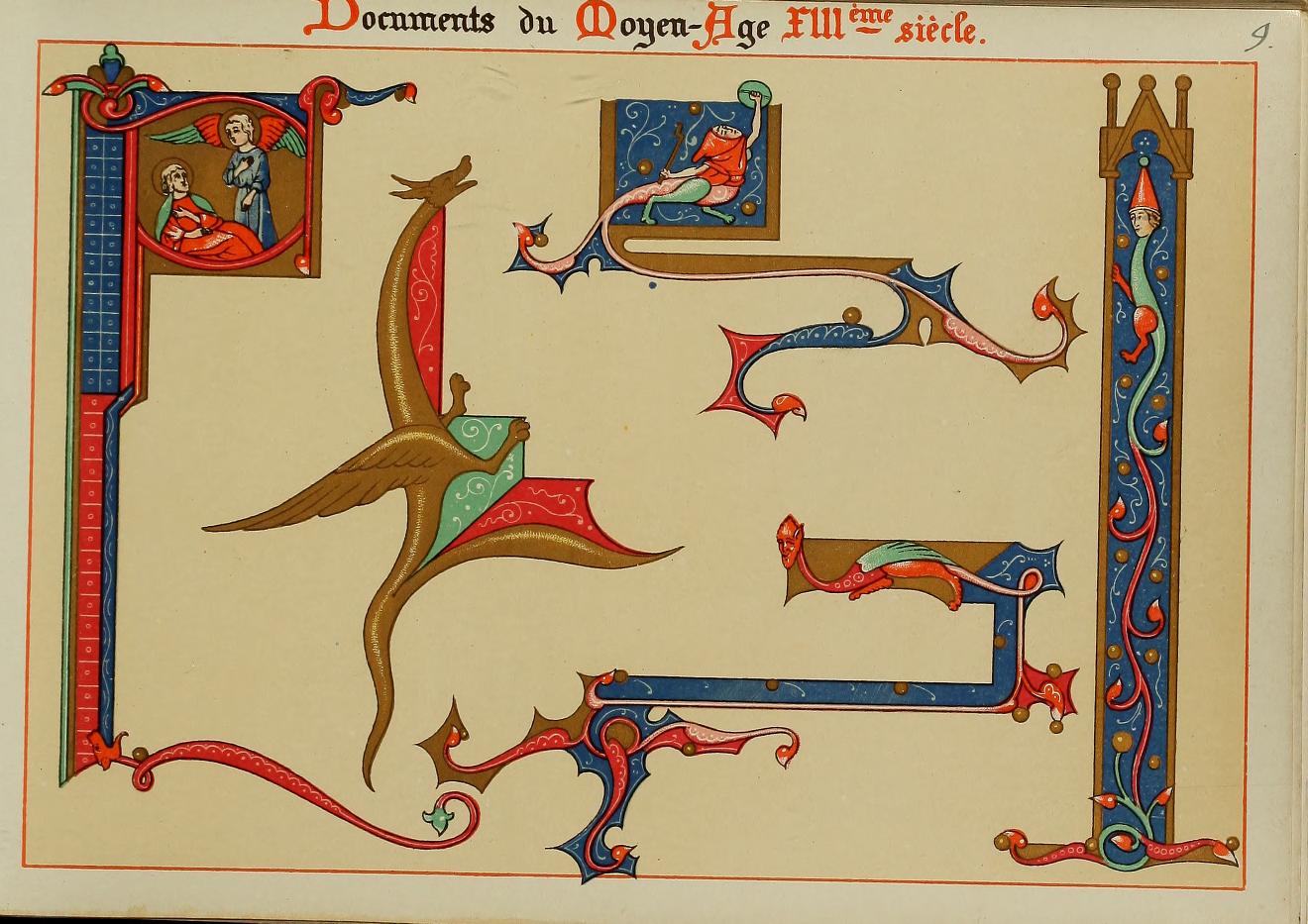 An ornate medieval-style illuminated manuscript page with decorative initials in red, blue, gold, and green on a cream background, with French text at the top reading 'Documents du Moyen-Age IIIe siecle.'.