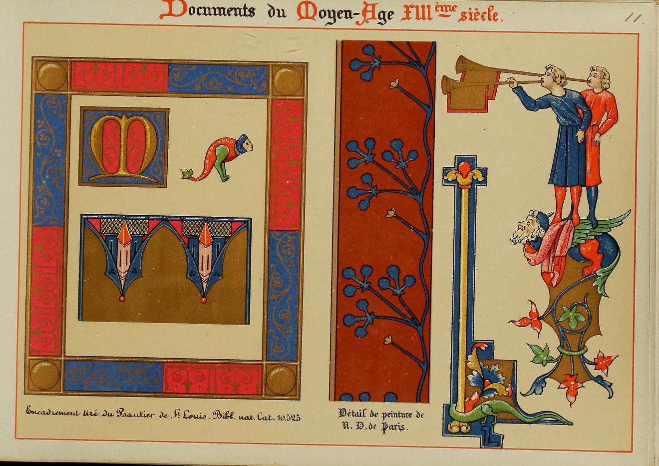 A medieval-style illuminated manuscript page showing decorative initials and illustrations. The page has a cream background with red, blue, green, and gold painted details, including a large letter M in a red and blue frame, a small bird, and figures in a decorative scene with a cross and foliage.