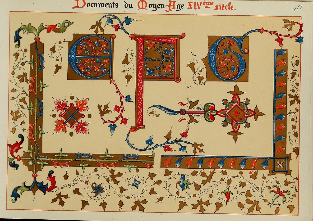 An ornate medieval-style illuminated manuscript page with a large decorative letter L and floral foliate initials in red, blue, green, and brown on a beige background. French text at the top reads 'Documents du Moyen-Age XIVe siecle.