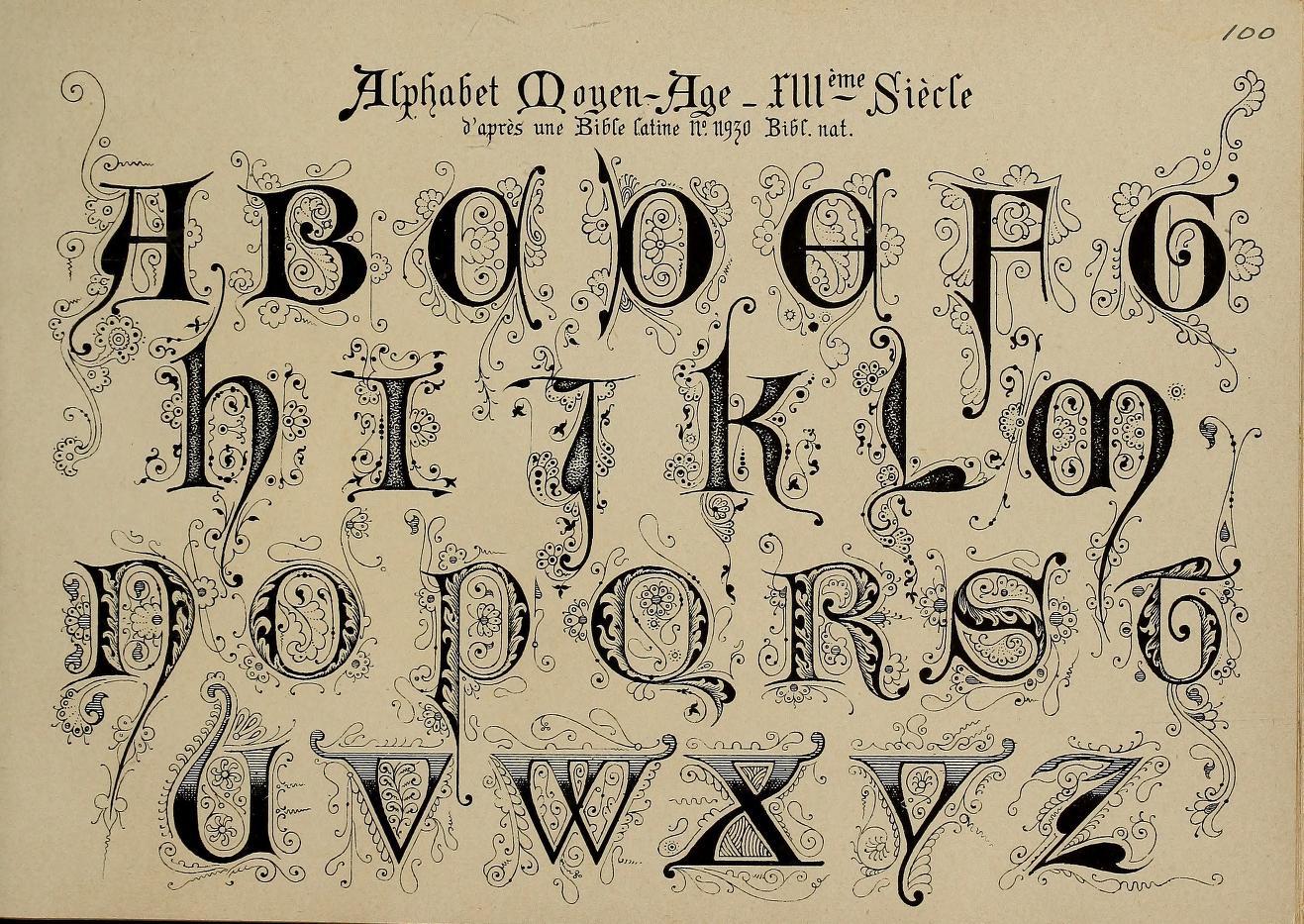 A vintage-style alphabet print showing the French alphabet from the 19th century, with ornate decorative lettering on a beige parchment-like background.