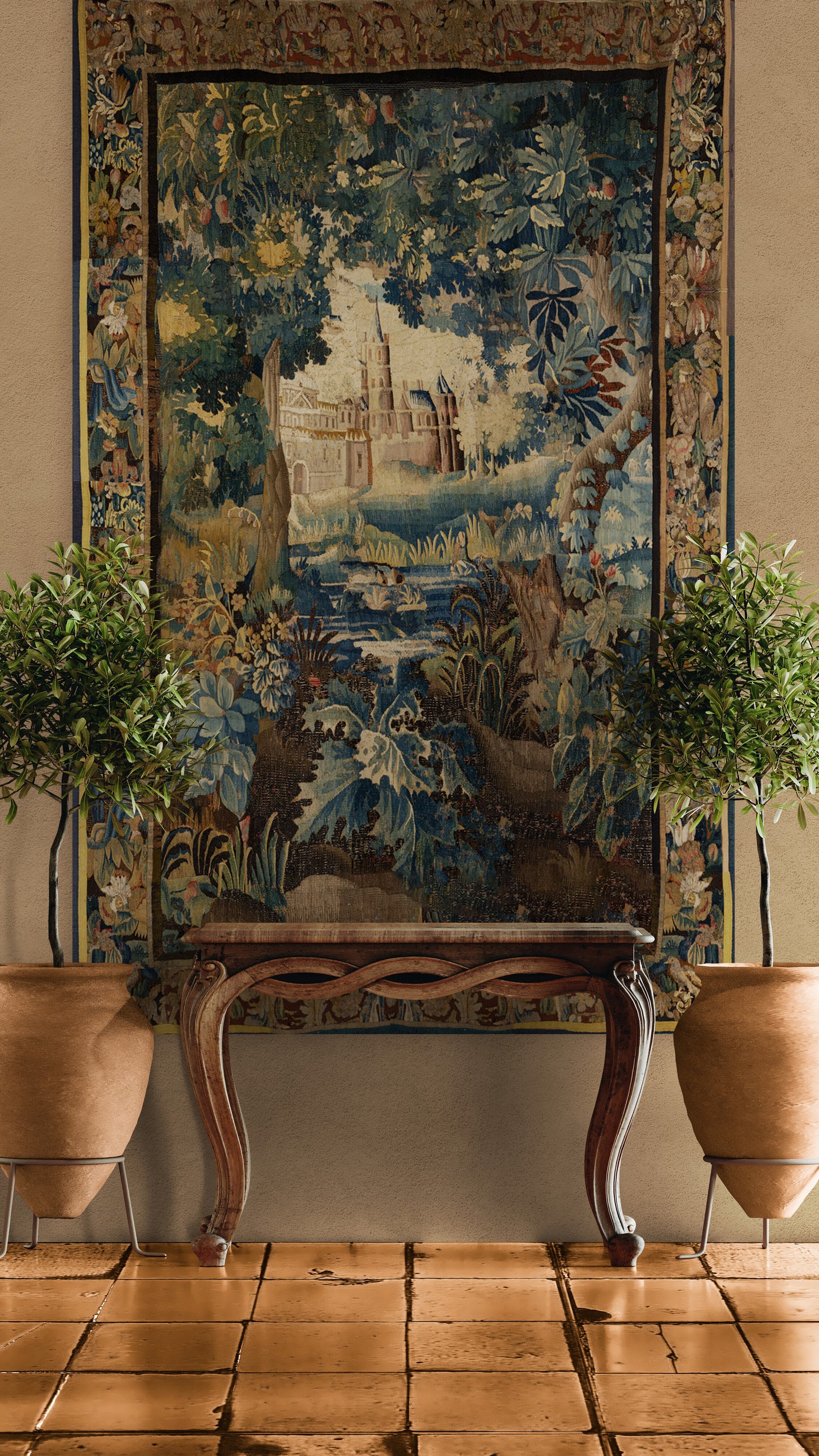 Enchanted Castle Verdure Tapestry Reproduction — Old-World Botanical Woodland Wall Hanging RE815728
