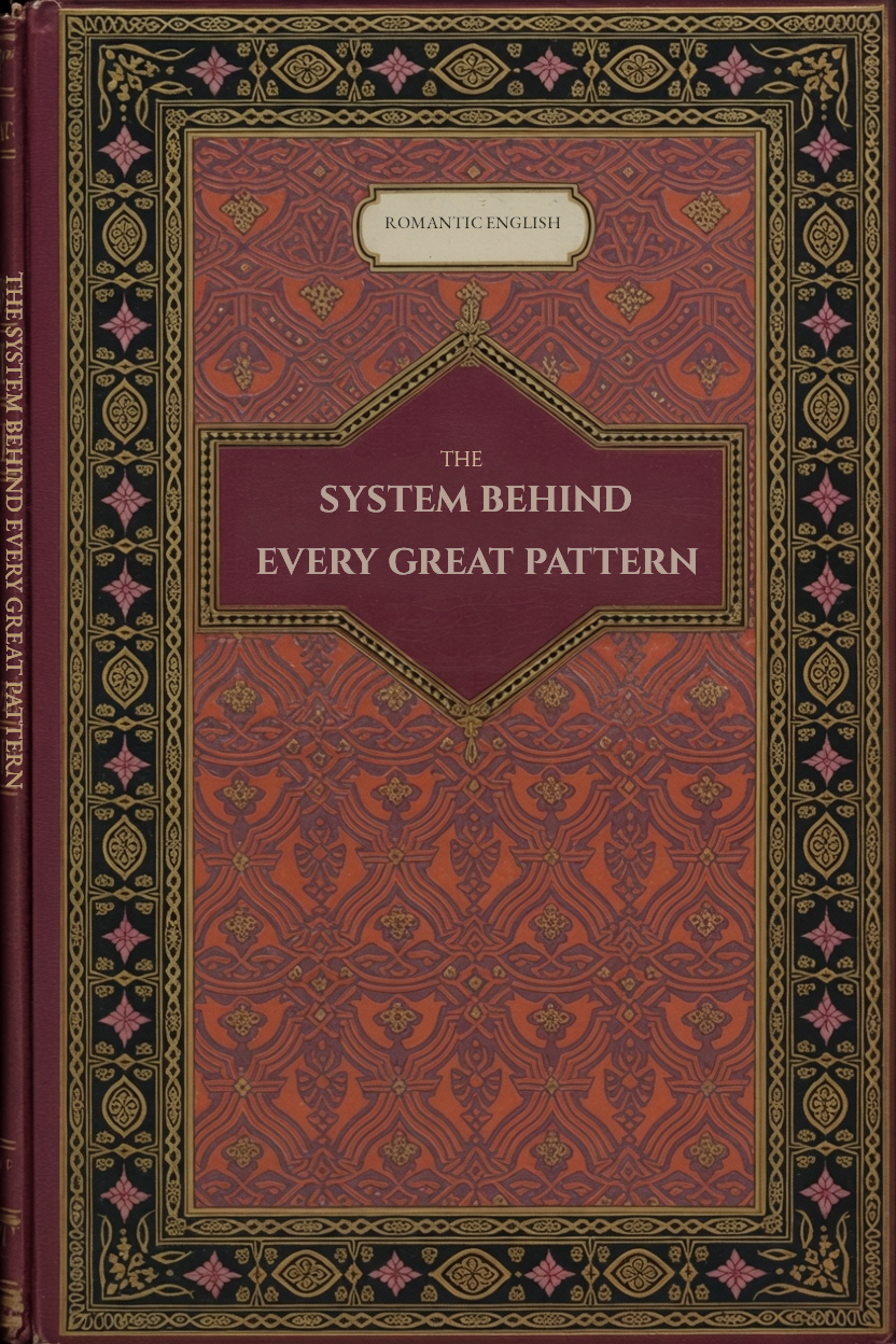 Decorative book cover with intricate patterns and text on a dark background