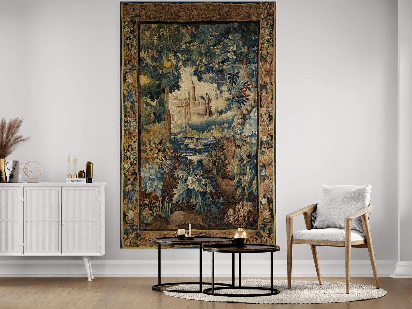 Enchanted Castle Verdure Tapestry Reproduction — Old-World Botanical Woodland Wall Hanging RE815728