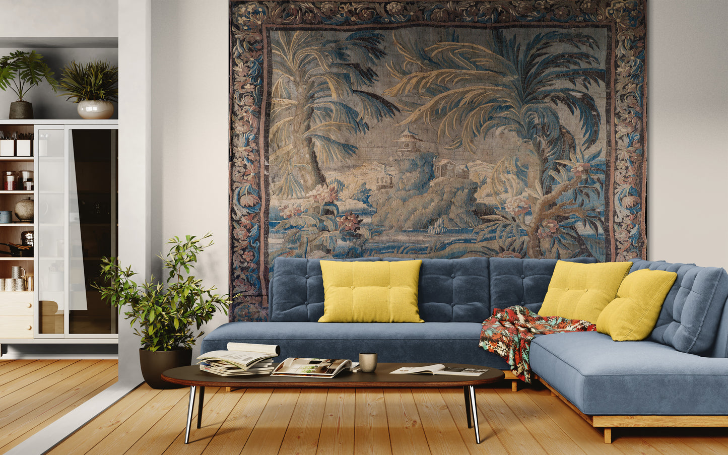 The Enchanted Palm Grove Tapestry – Antique Chinoiserie Tropical Landscape Wall Hanging for Grand European Interiors RE800101