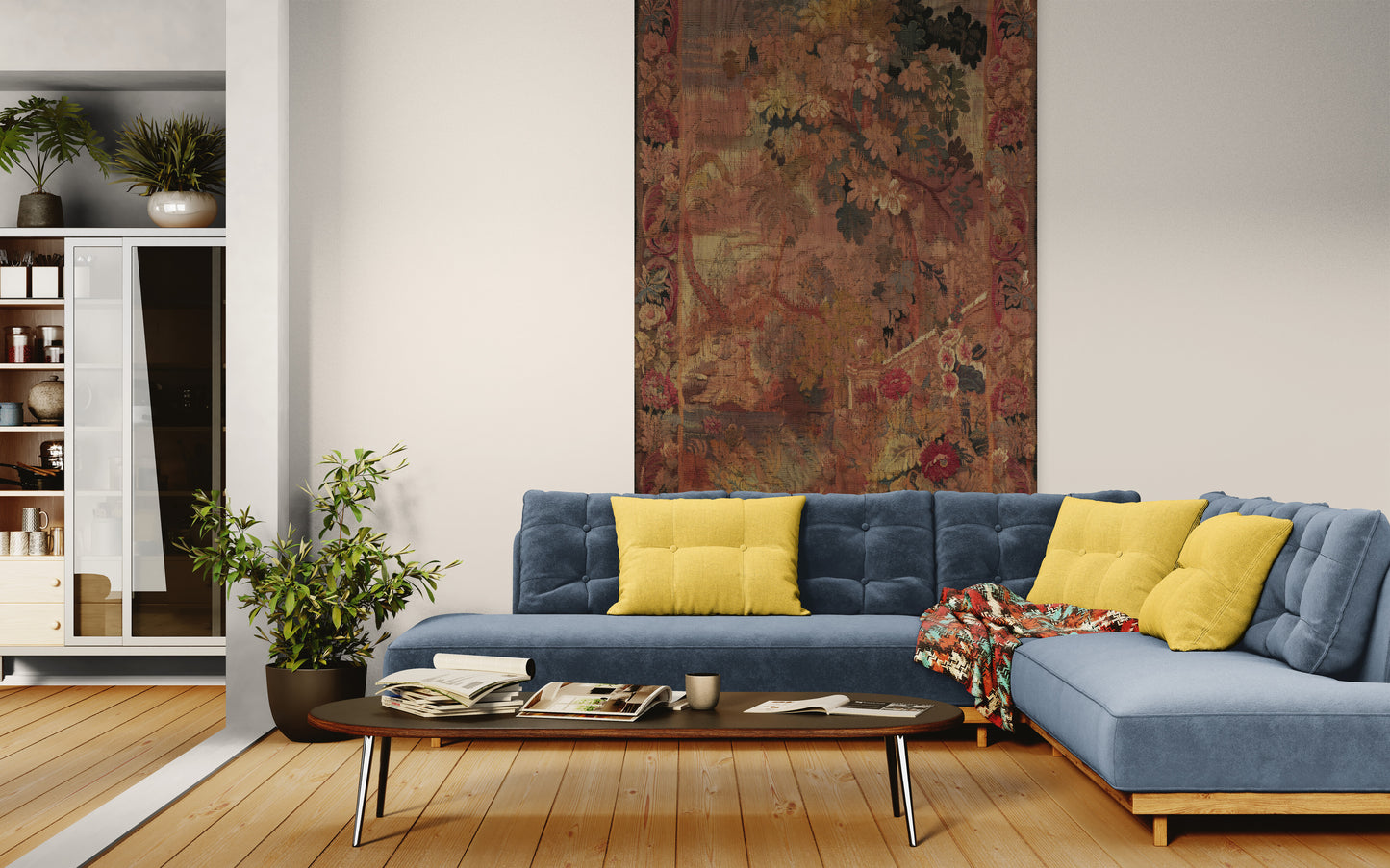 Old-World Verdure Garden Tapestry Reproduction — Romantic Botanical Floral Wall Hanging in Cotton-Linen or Machine-Woven Polycotton RE739477