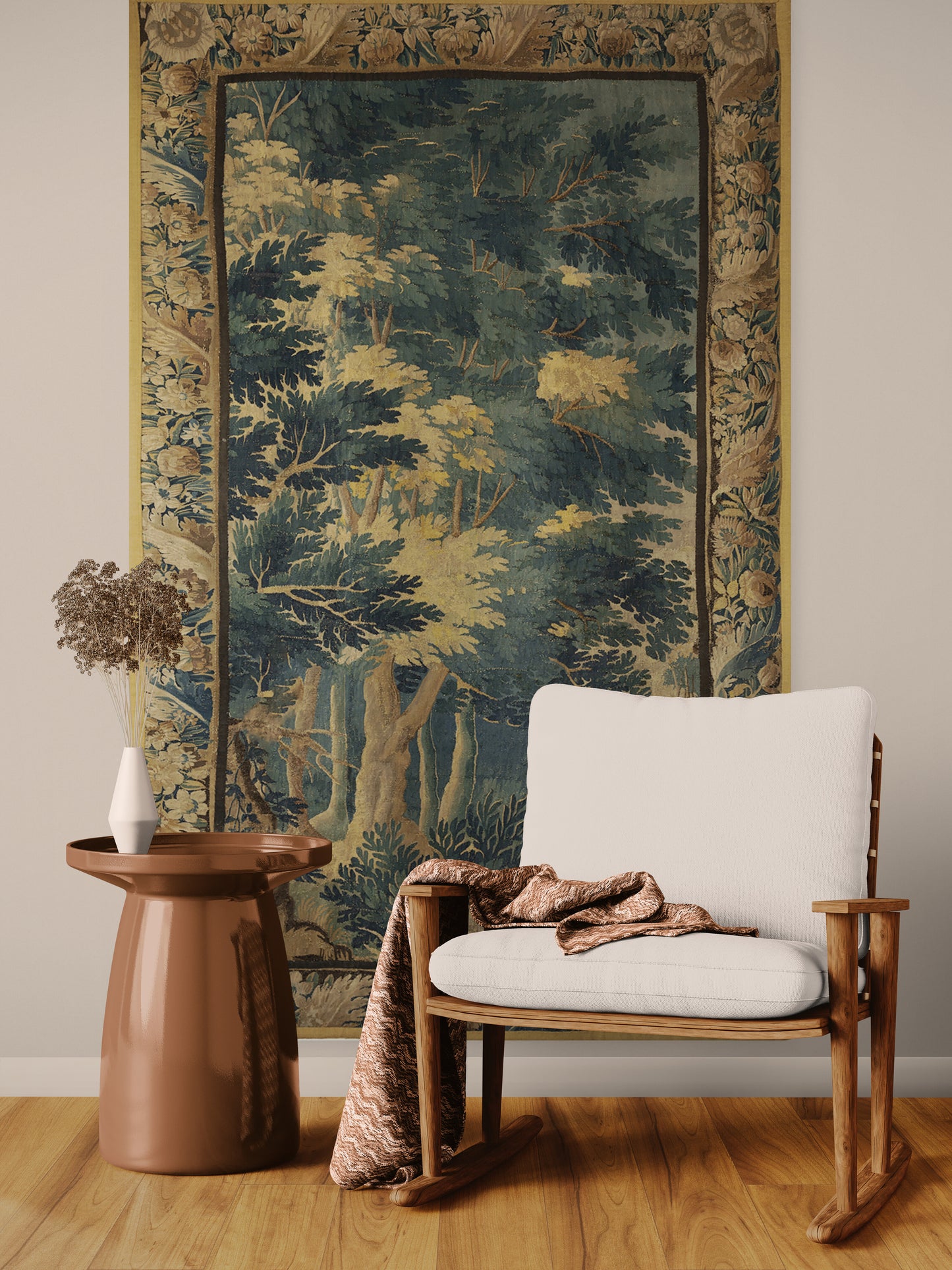 The Greenwood Cathedral Tapestry Reproduction — Tall European Verdure Forest Wall Hanging with Botanical Border for English Country House Interiors RE461828