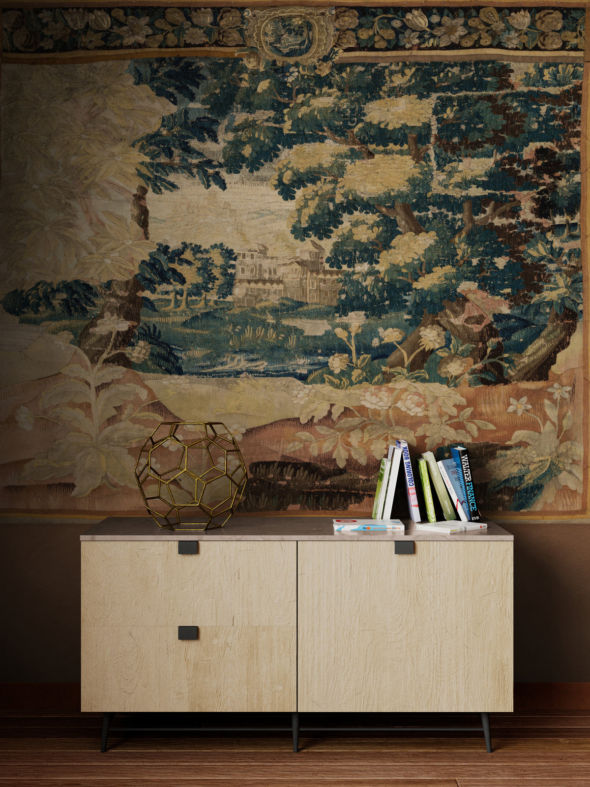 Brilliant Faded Golden Bohemian Vintage Look Verdure Tapestry Reproduction RE712944