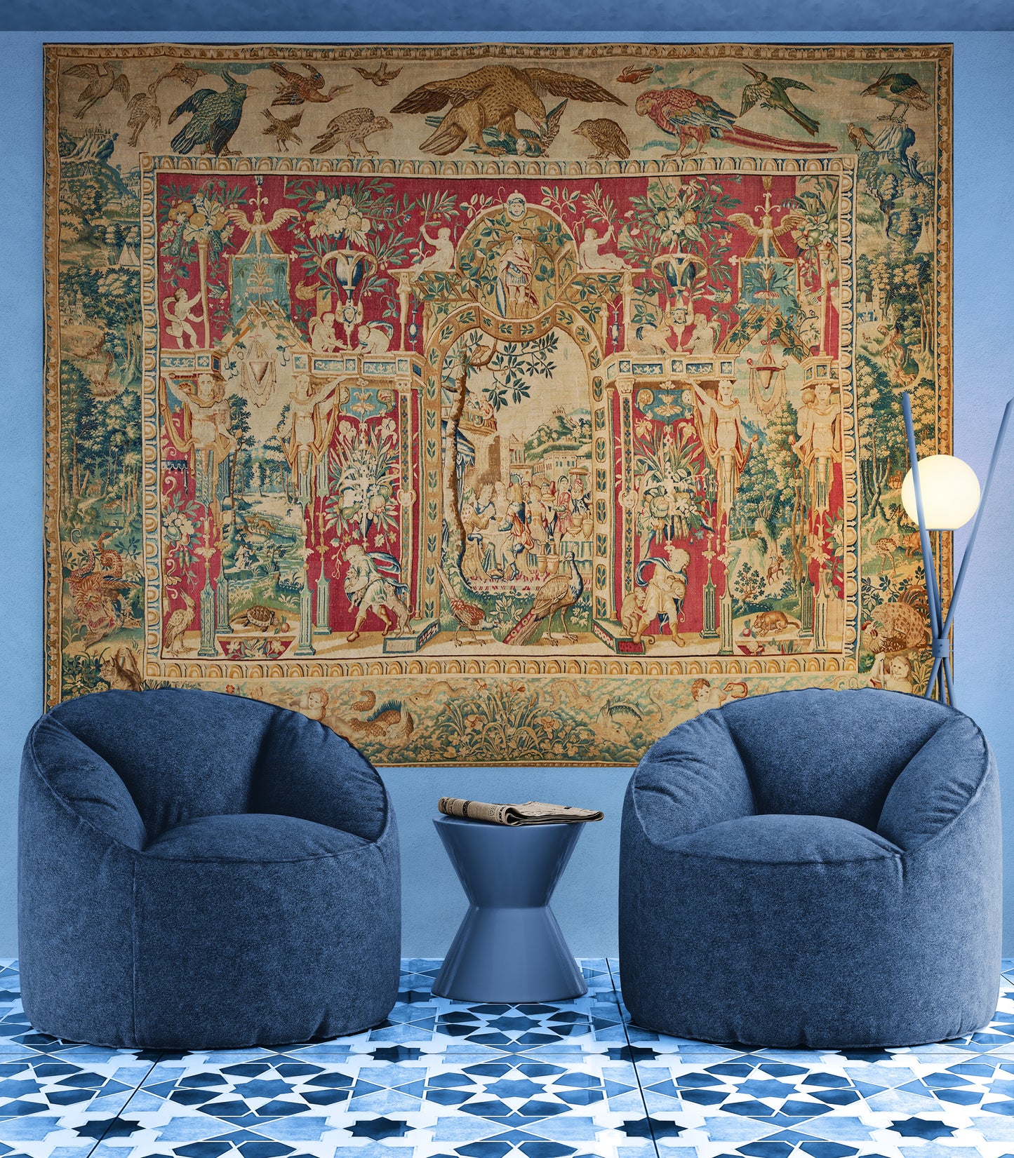 The Theatre of Birds Tapestry Reproduction — A Magnificent Flemish Renaissance Grotesques Masterpiece After Joost van Herzeele RE196681