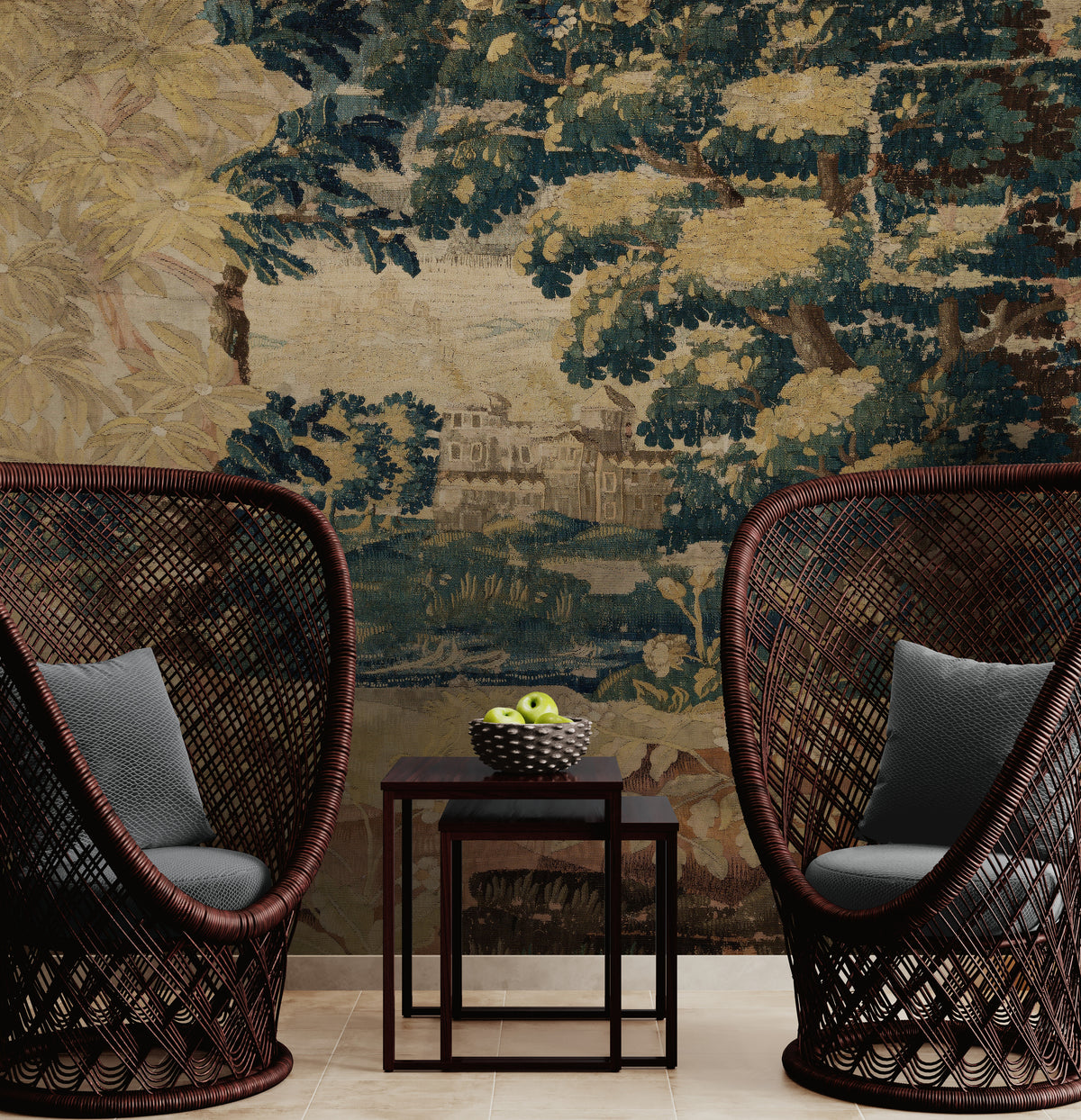 Brilliant Faded Golden Bohemian Vintage Look Verdure Tapestry Reproduction RE712944
