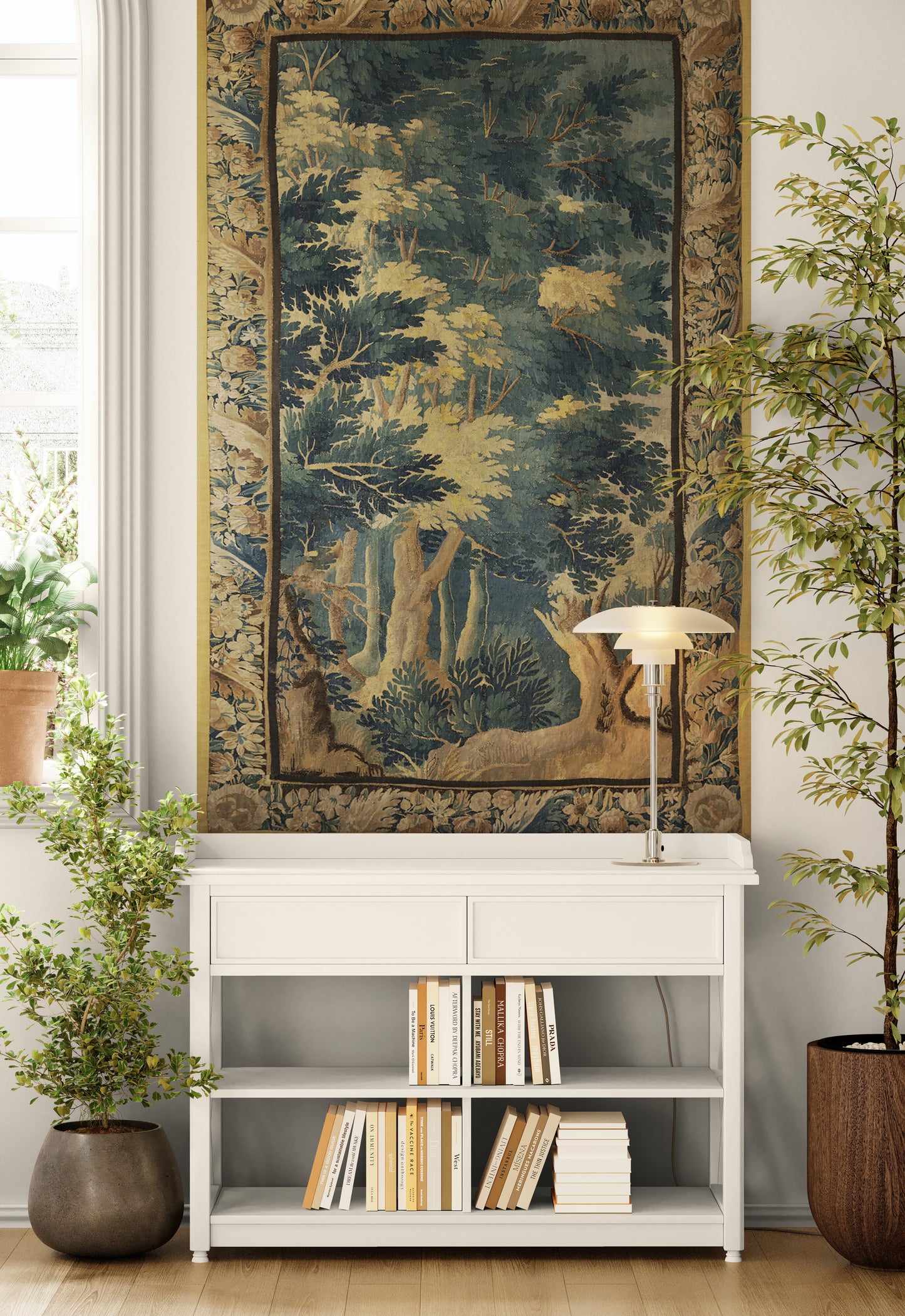 The Greenwood Cathedral Tapestry Reproduction — Tall European Verdure Forest Wall Hanging with Botanical Border for English Country House Interiors RE461828