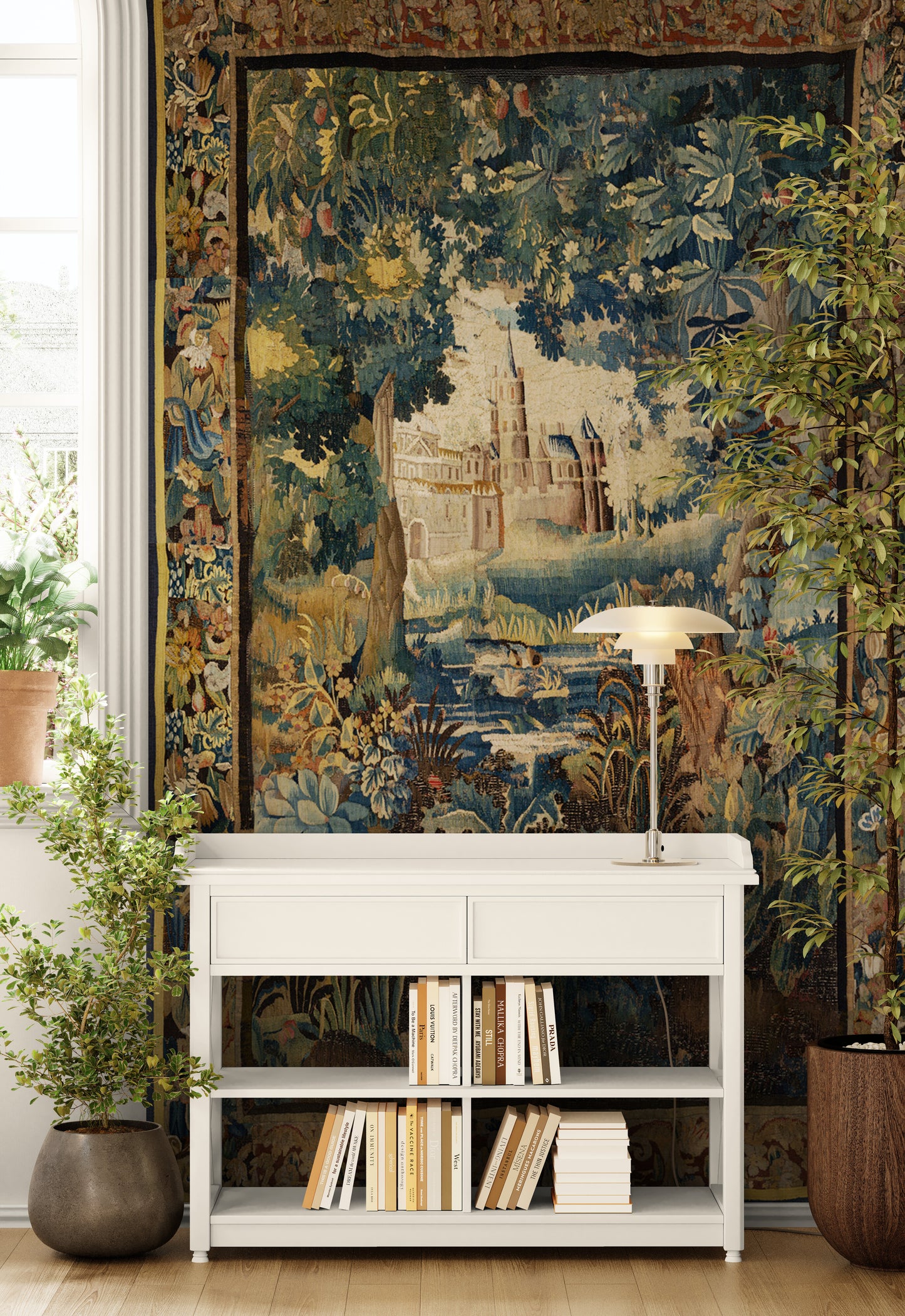 Enchanted Castle Verdure Tapestry Reproduction — Old-World Botanical Woodland Wall Hanging RE815728